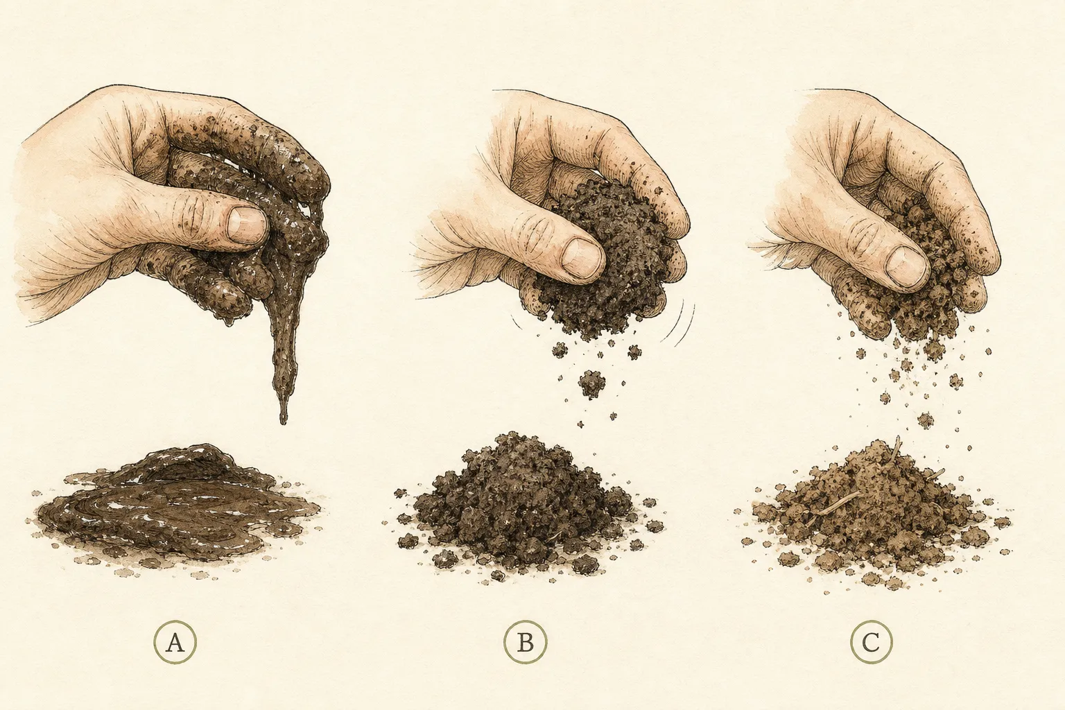Three hand tests comparing saturated ribboning soil, a workable crumbly ball, and very dry loose soil
