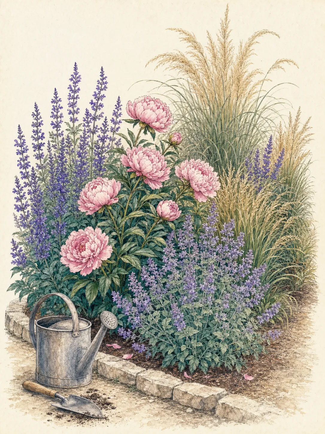 Early-summer border with peonies, salvia, catmint and ornamental grasses arranged as overlapping repeated drifts