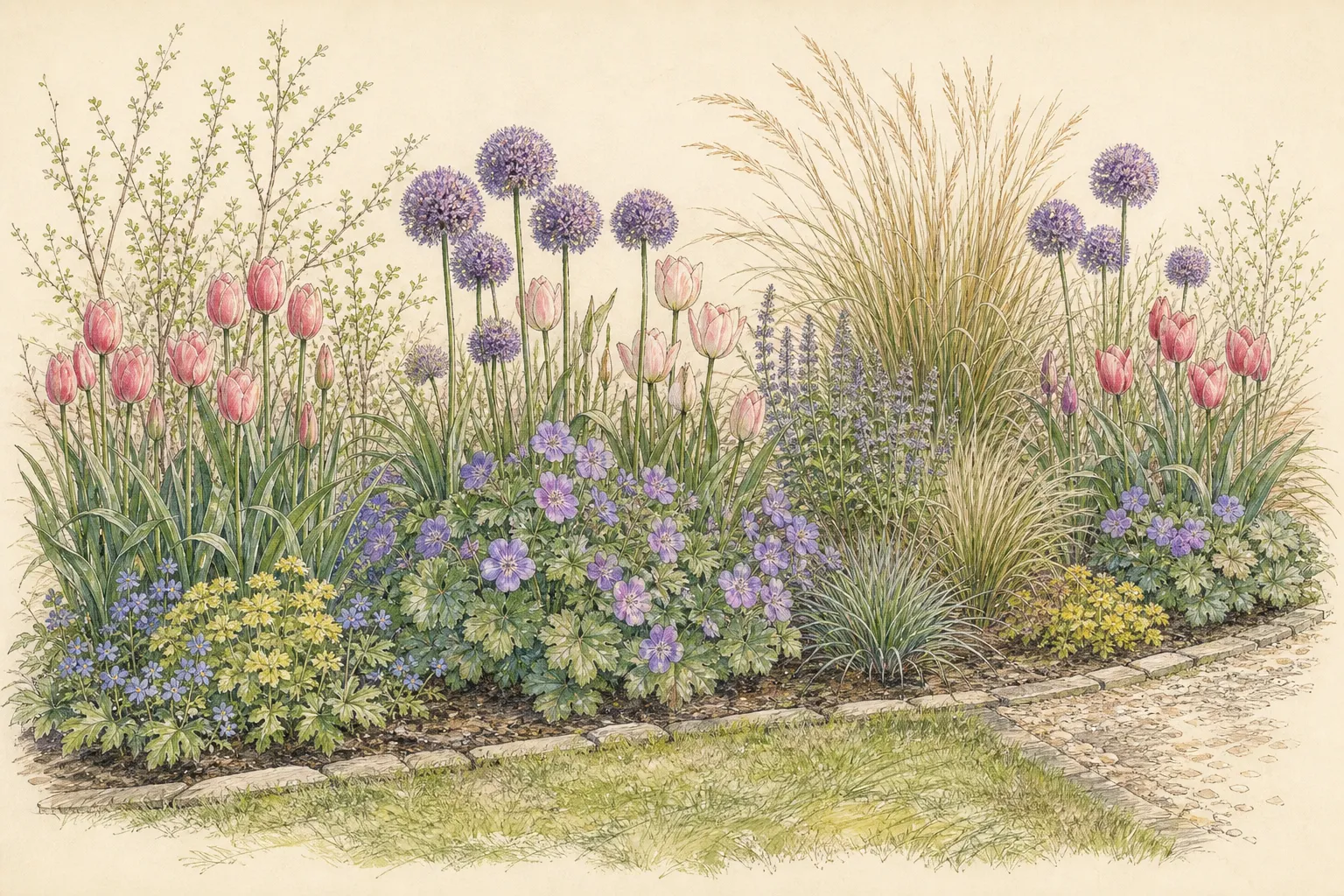 Wide spring border with tulips and alliums rising through geranium foliage and emerging ornamental grasses