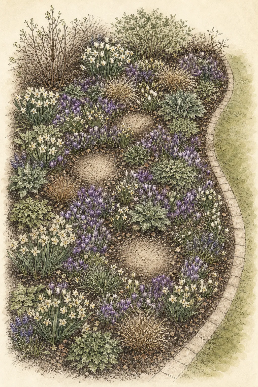 Overhead border study with repeated bulb drifts threading between established perennial crowns and open access pockets