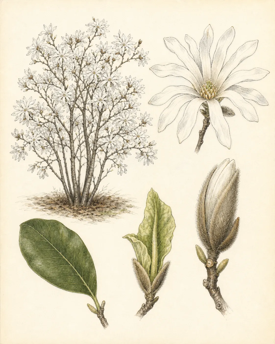 Botanical plate of star magnolia showing the whole plant, fuzzy buds, many-tepaled flowers, leaves and branch details