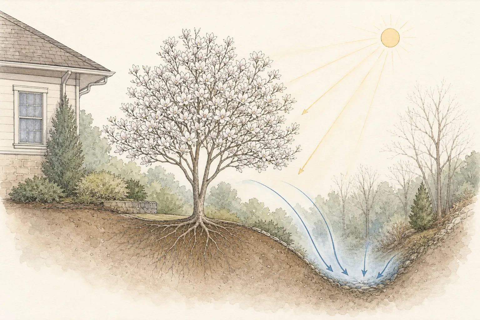 Garden section showing star magnolia in a sheltered position above a draining root zone and outside a frost pocket