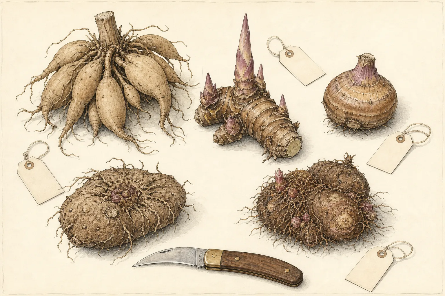 Dormant dahlia tubers, canna rhizome, gladiolus corm, caladium tuber, and tuberous begonia arranged for inspection