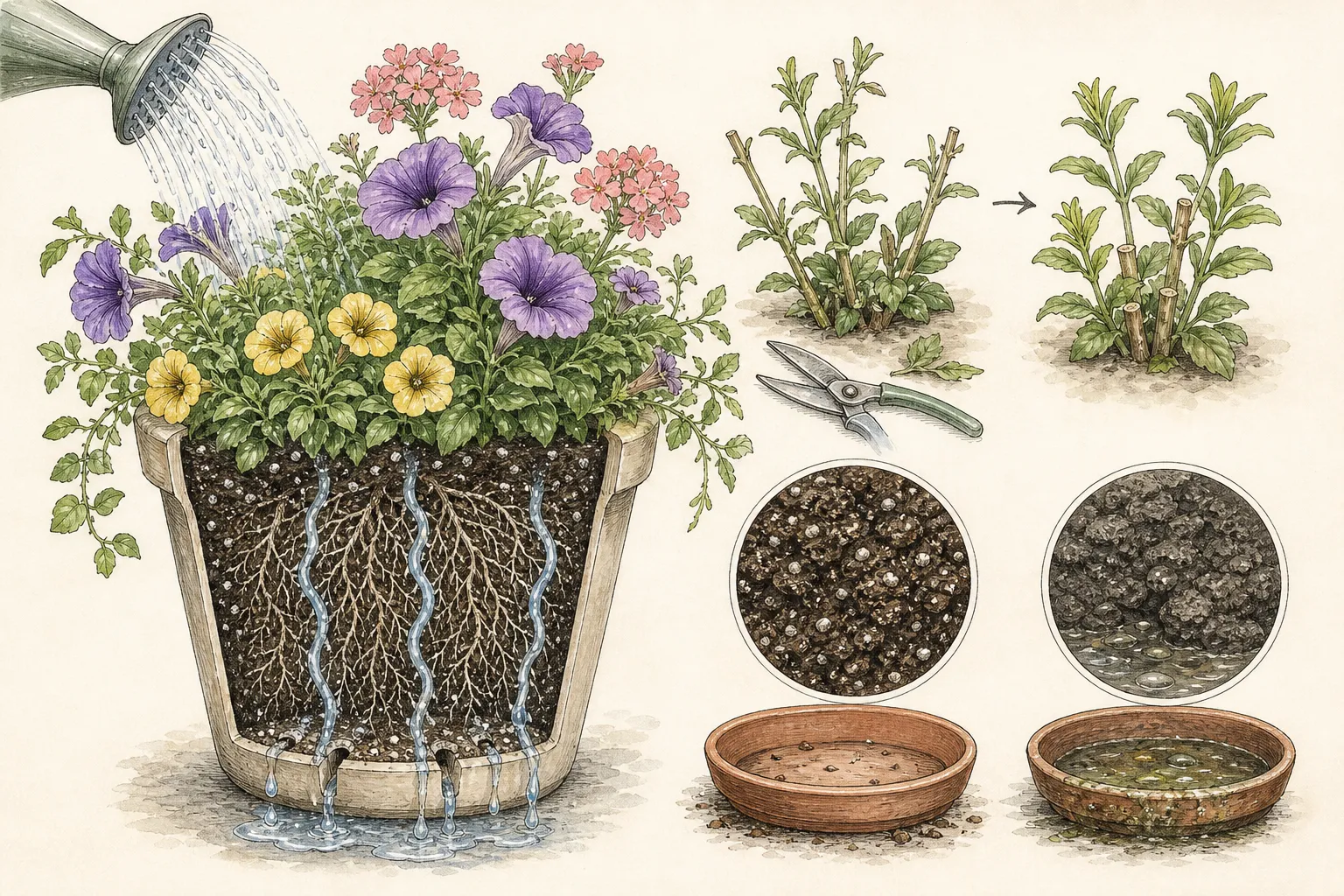 A cut-back container is watered slowly, allowed to drain, and monitored as fresh shoots fill the open framework