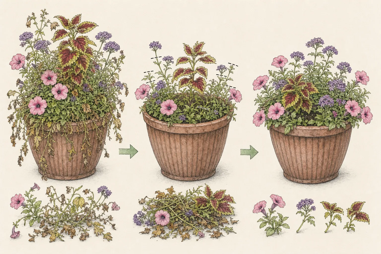 A leggy mixed flower pot is mapped by plant role, selectively reduced above green nodes, and rearranged into a balanced open canopy