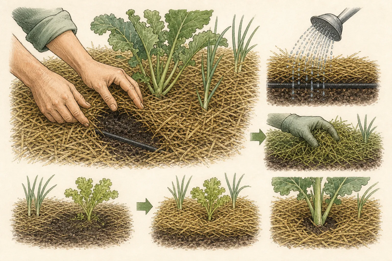 Hands pull mulch back from a vegetable stem, probe the soil beneath it, remove a weed before seed set, and restore a thin even layer
