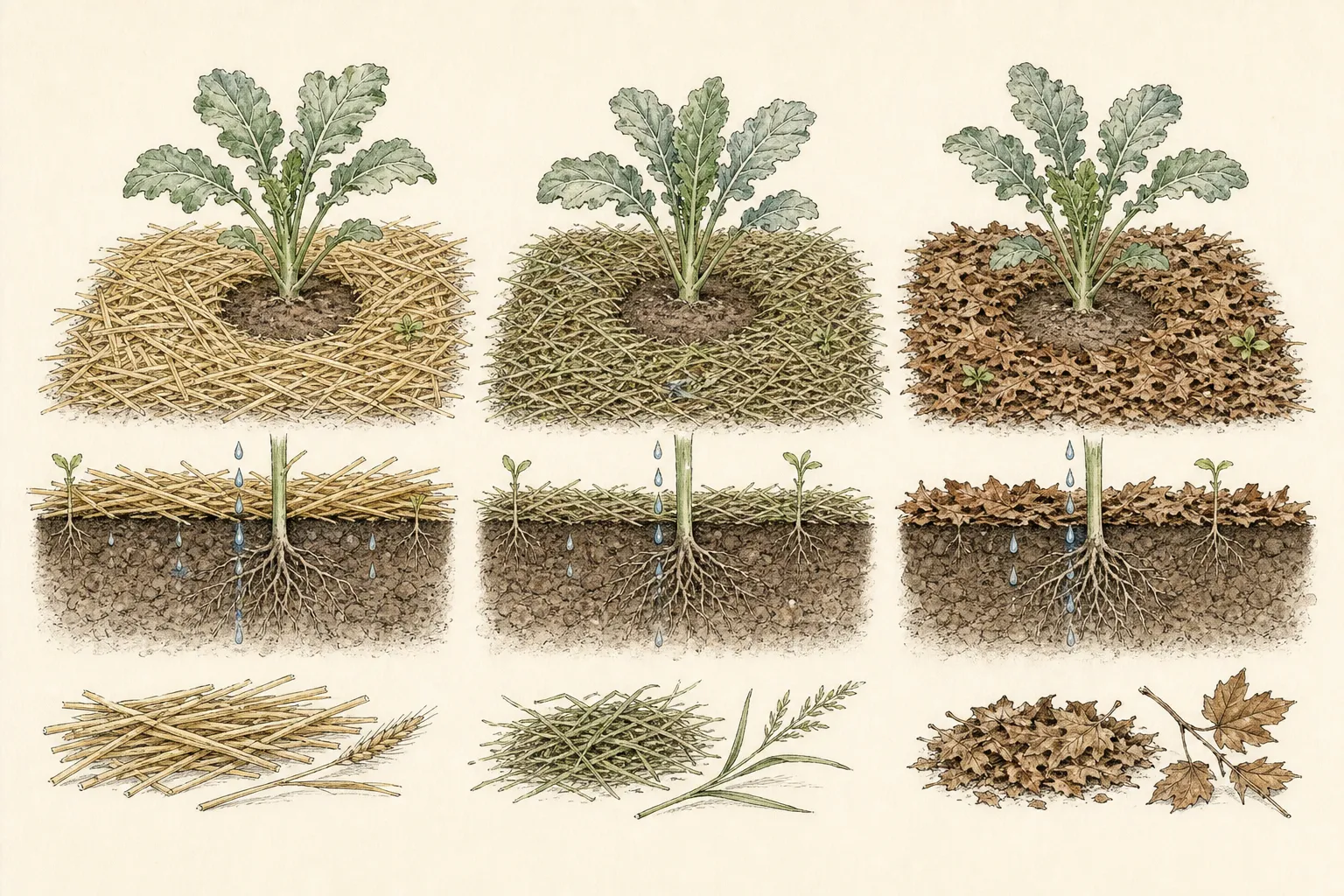 Vegetable root zones compare a clean straw layer, shredded leaves, and a thin composted organic mulch while crowns and stems remain exposed