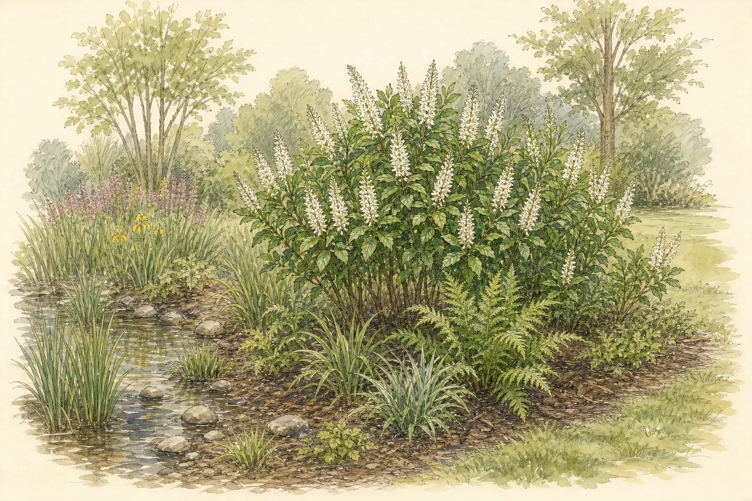 Garden placement study showing mature Summersweet in an ornamental planting