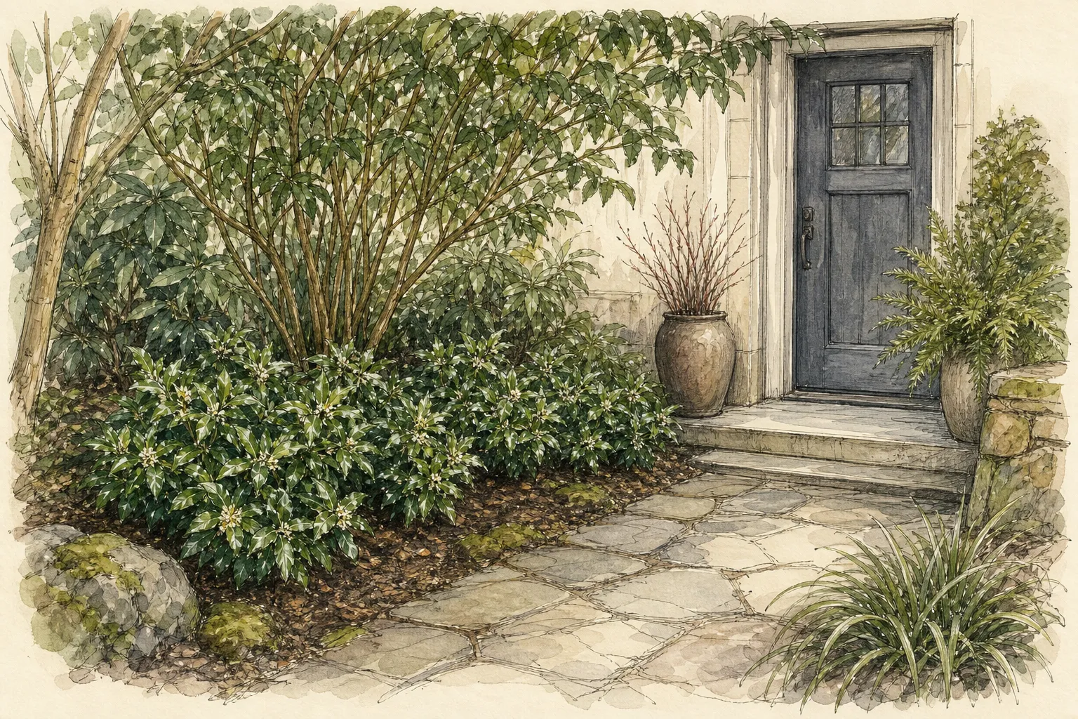 Garden placement study showing mature Sweet Box in an ornamental planting
