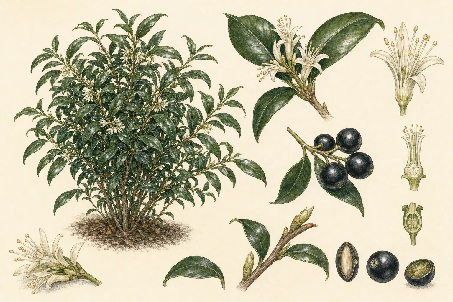 Botanical identification plate of Sweet Box, Sarcococca confusa