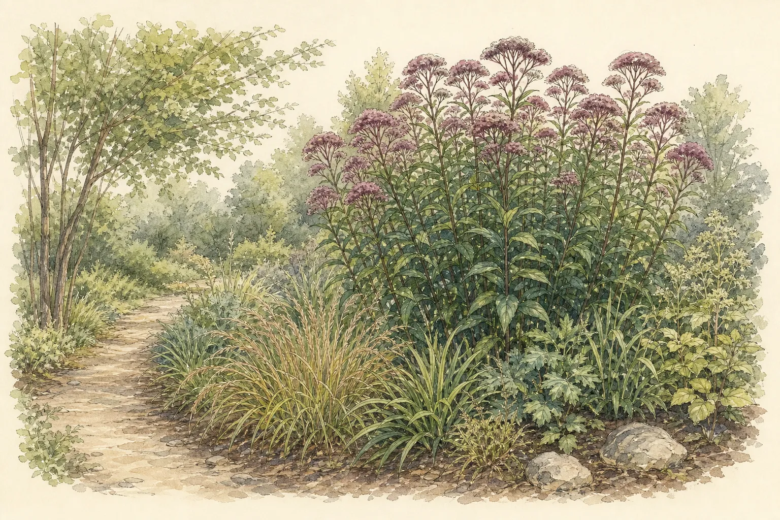 Garden placement study showing mature Sweet Joe-Pye Weed in an ornamental planting