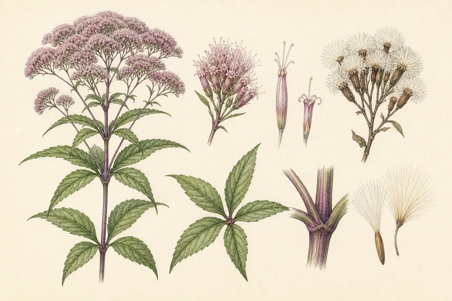 Botanical identification plate of Sweet Joe-Pye Weed, Eutrochium purpureum