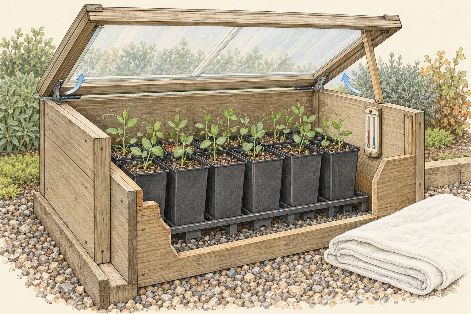 Cutaway cold frame with an open glazed lid, deep pots of sweet pea seedlings, ventilation arrows and a thermometer