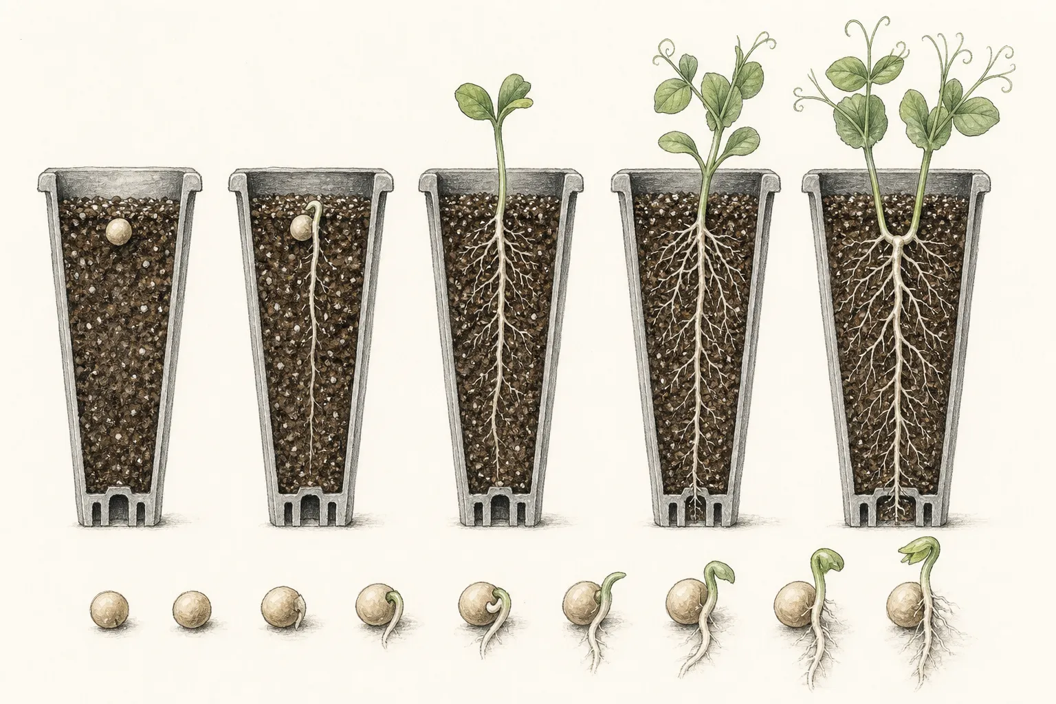 Cutaway of sweet pea seedlings in deep cells with long roots, correct sowing depth, drainage, and cool bright shoots
