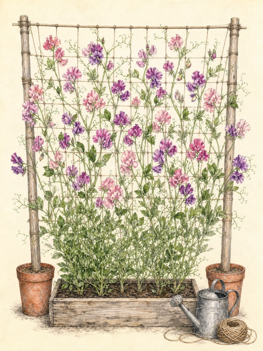 Flowering sweet-pea stems distributed across netting with tendrils attached and the lower growth kept open