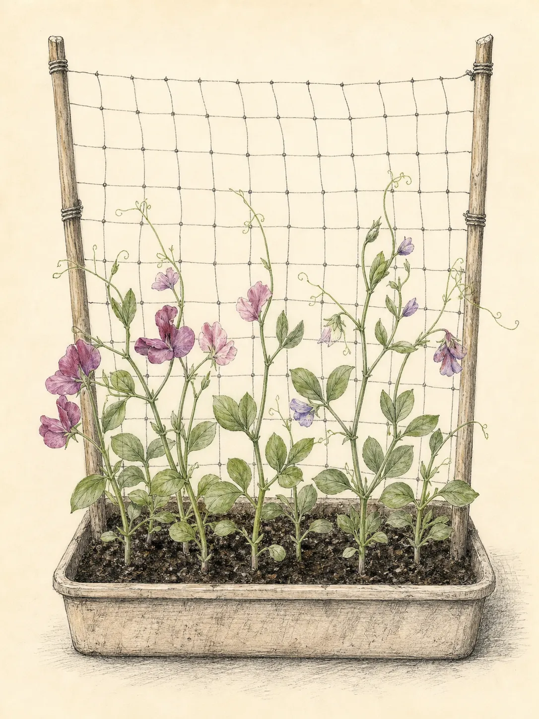 Young sweet-pea seedlings spread along taut fine-mesh netting with the base and shoot tips accessible