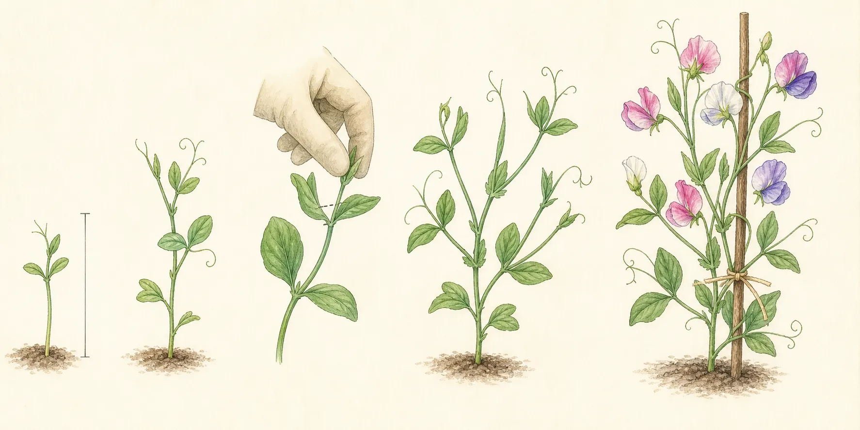 Sweet pea seedling sequence showing compact growth, optional pinching above leaves, branching, and placement beside a support