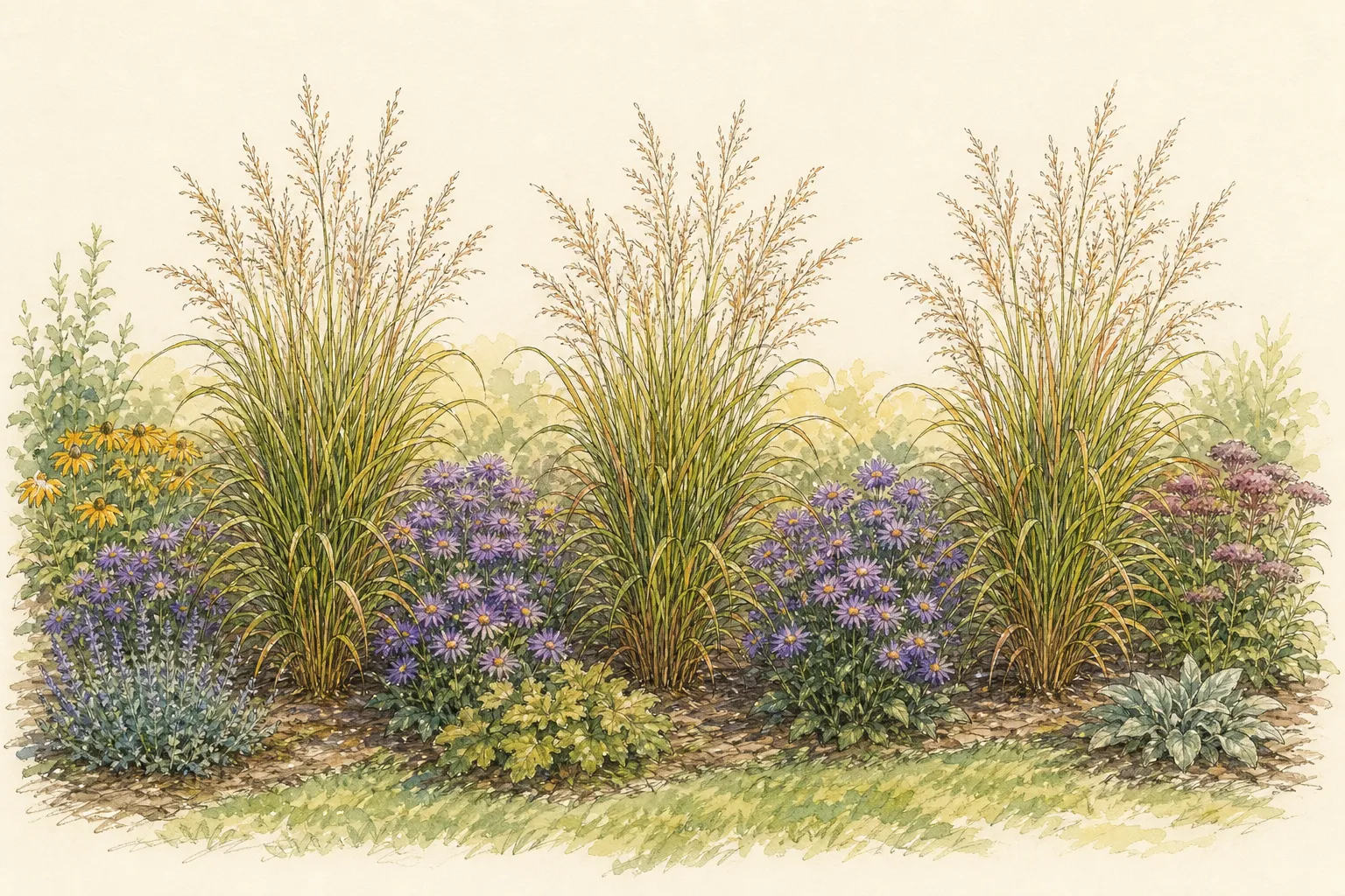 Garden placement study showing mature Switchgrass in an ornamental planting