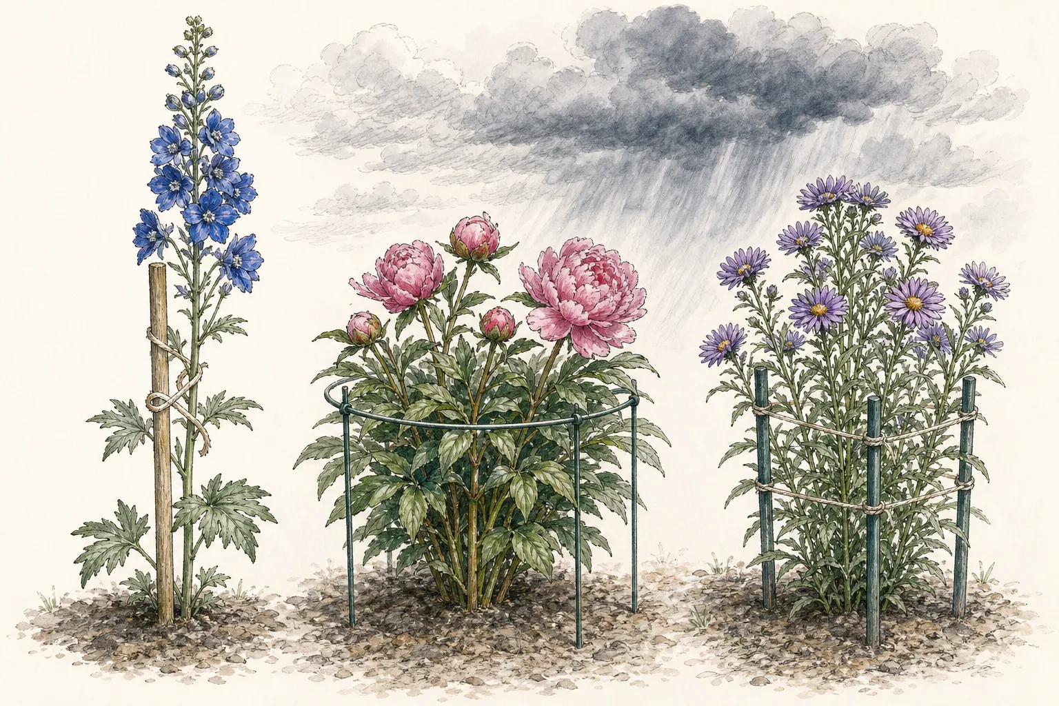 Tall perennials are held by a grow-through grid, a circular ring, linked perimeter stakes, and one discreet individual stake