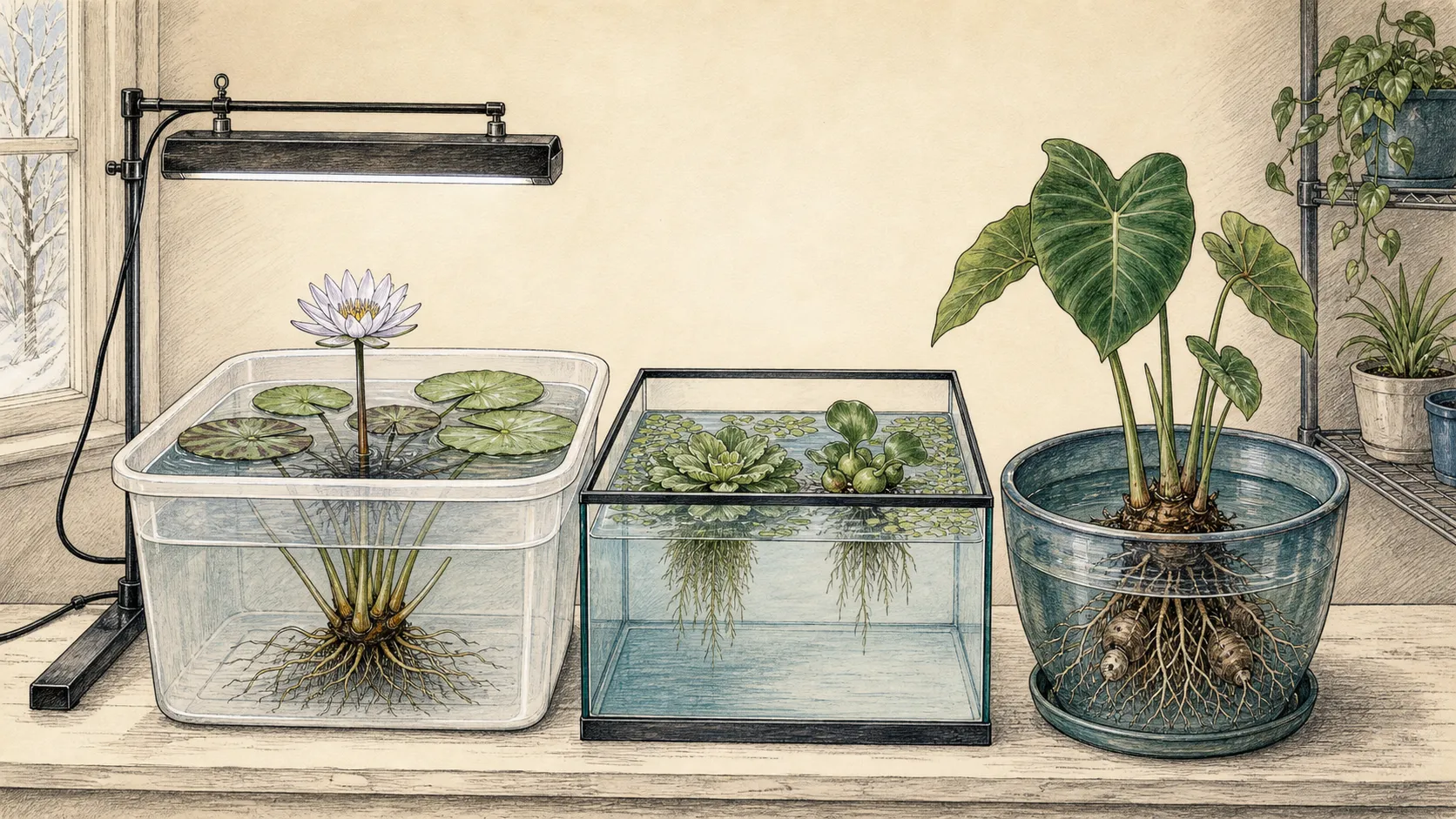 Side-by-side indoor aquatic stations showing a potted tropical water lily in a warm tub and floating plants in a lighted aquarium