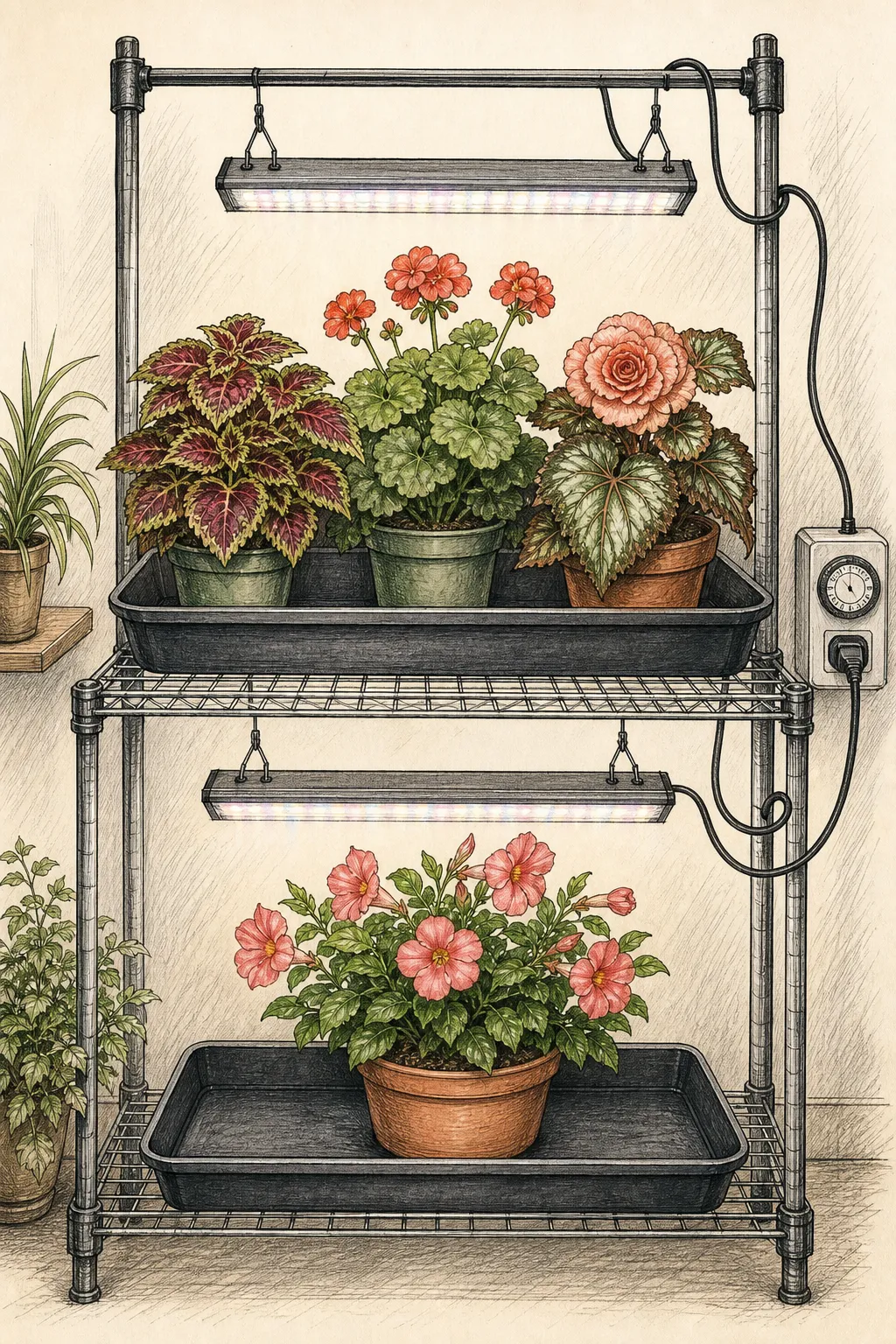 Shelf elevation with pelargoniums, coleus stock plants, tuberous begonias, and a flowering tender plant arranged under adjustable lights with different height zones, timer, airflow gap, and dry electrical route