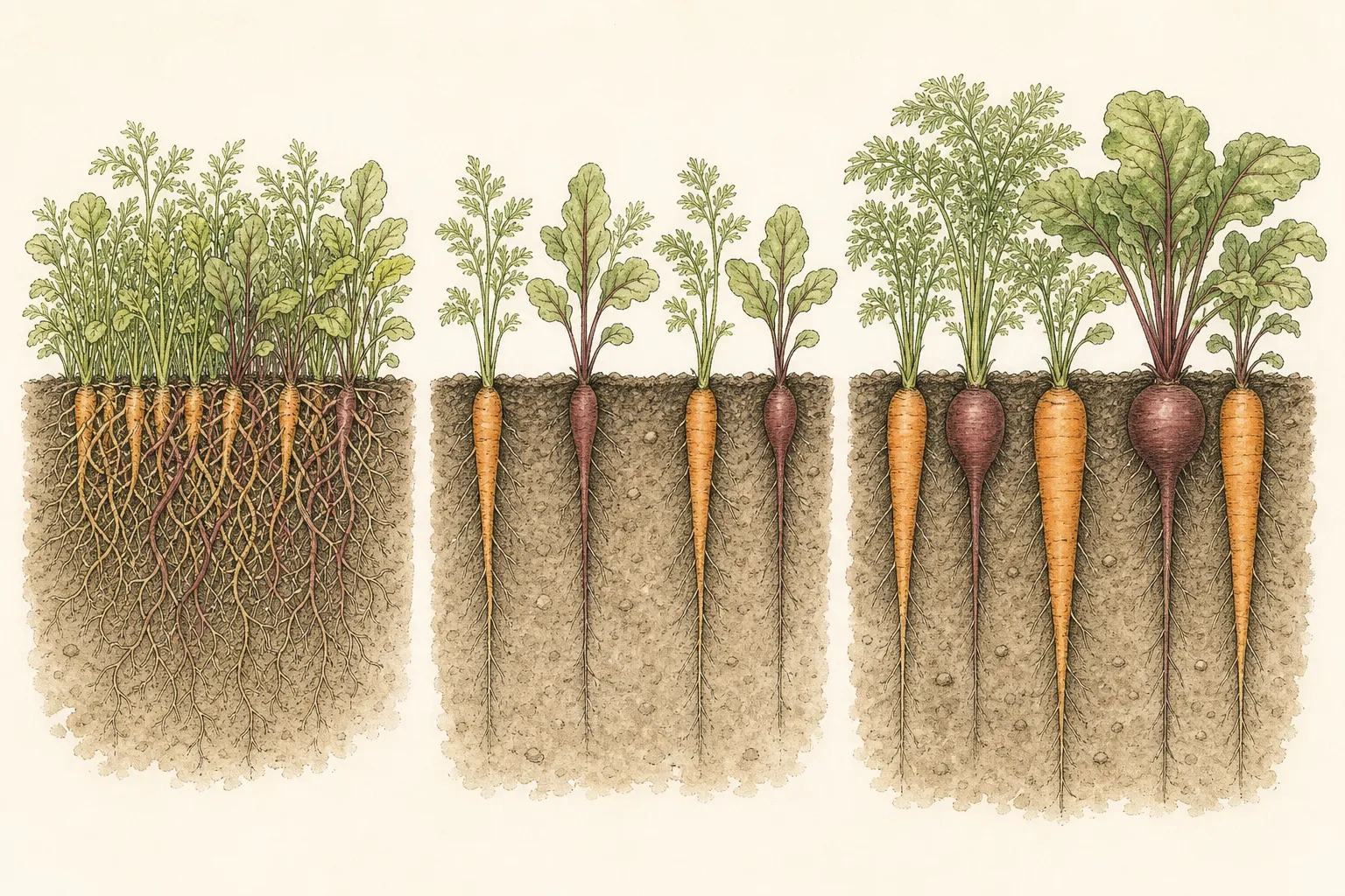 Soil sections compare tangled crowded roots, evenly spaced young carrots and beets, and mature roots with room to swell