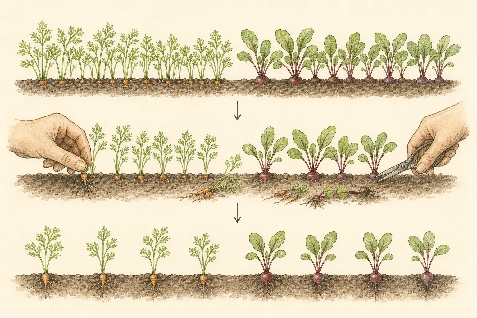 Crowded carrot and beet seedlings progress through a careful thinning pass to an evenly spaced row