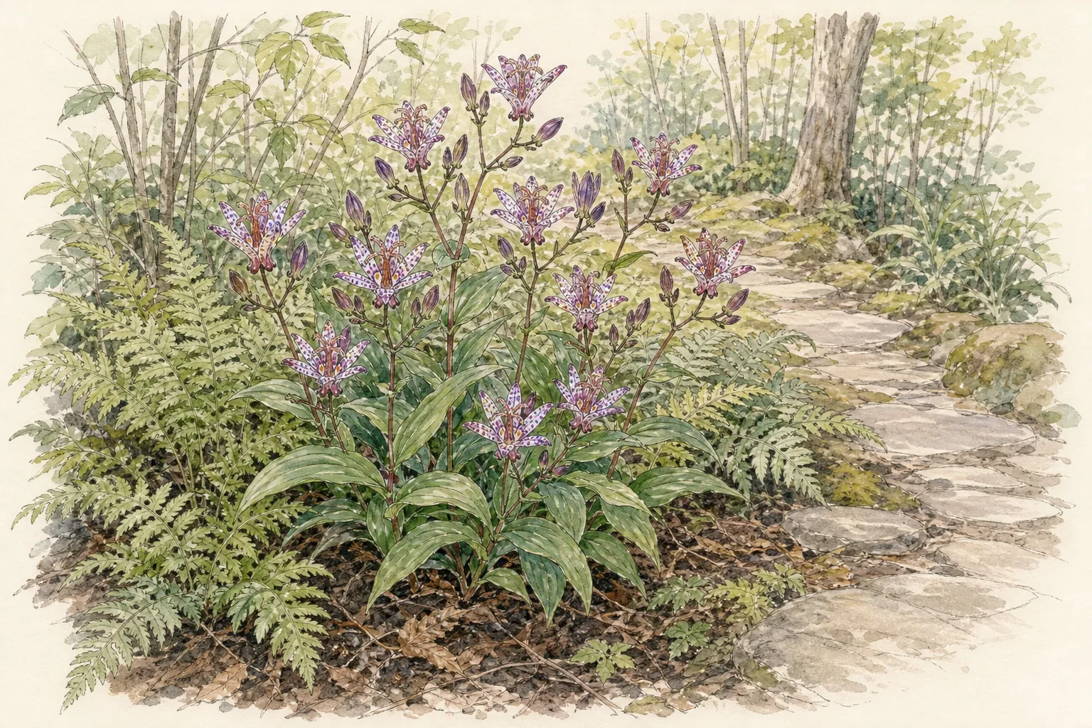 Garden placement study showing mature Toad Lily in an ornamental planting