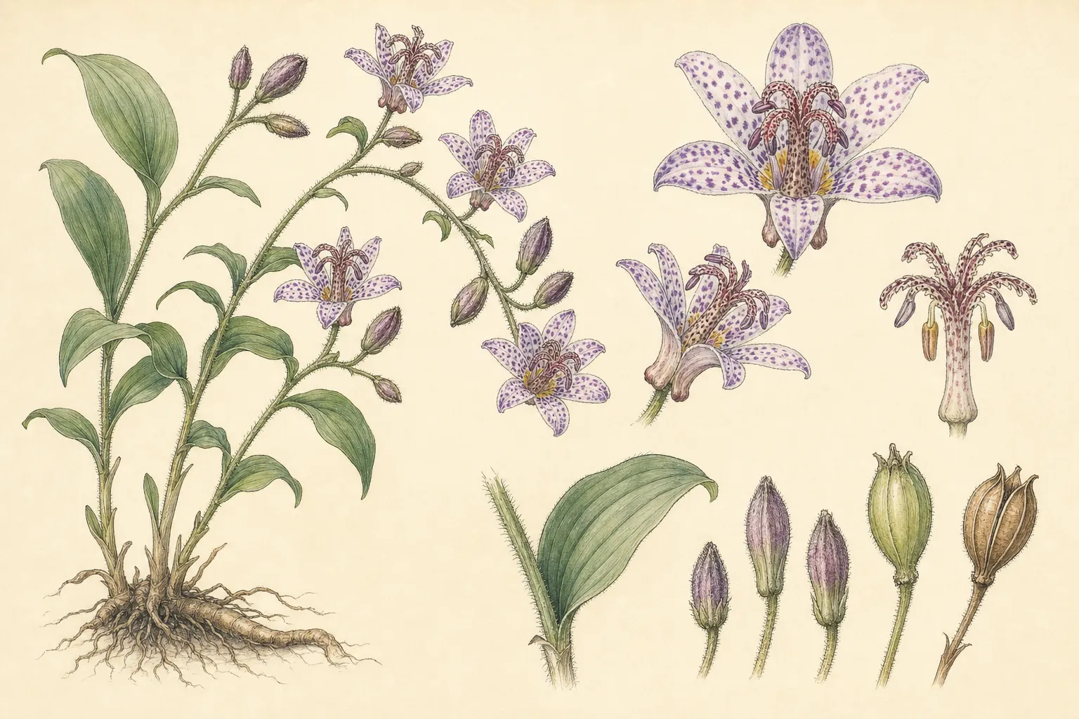 Botanical identification plate of Toad Lily, Tricyrtis hirta