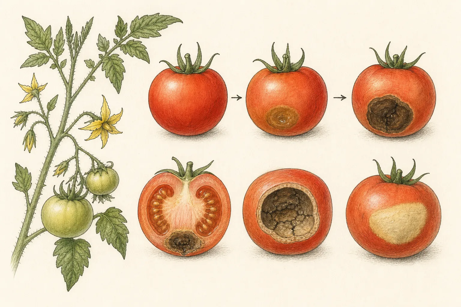 Tomatoes at progressive stages show a tan water-soaked blossom-end patch becoming a dark sunken leathery lesion while the stem end remains sound