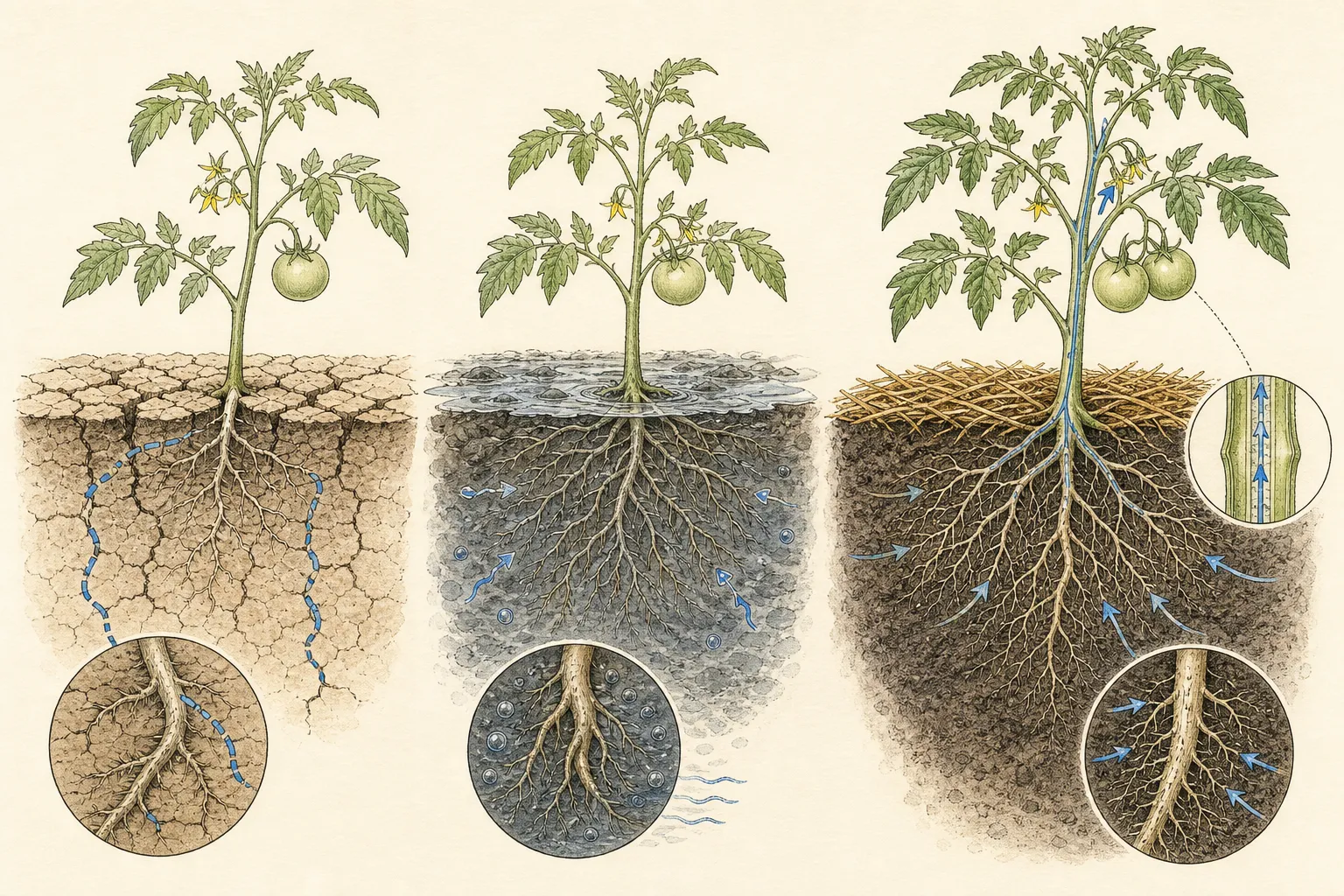 Tomato root zones compare even moisture under mulch with alternating dry and saturated soil around restricted roots