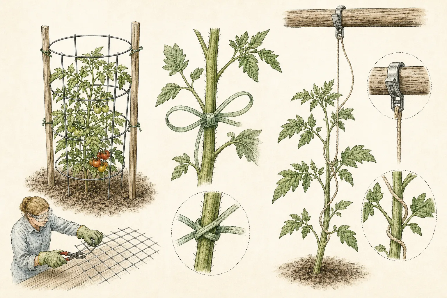 A tomato cage is anchored with posts, a stem is held by a loose figure-eight tie, and a trellis line is fixed to a strong overhead support