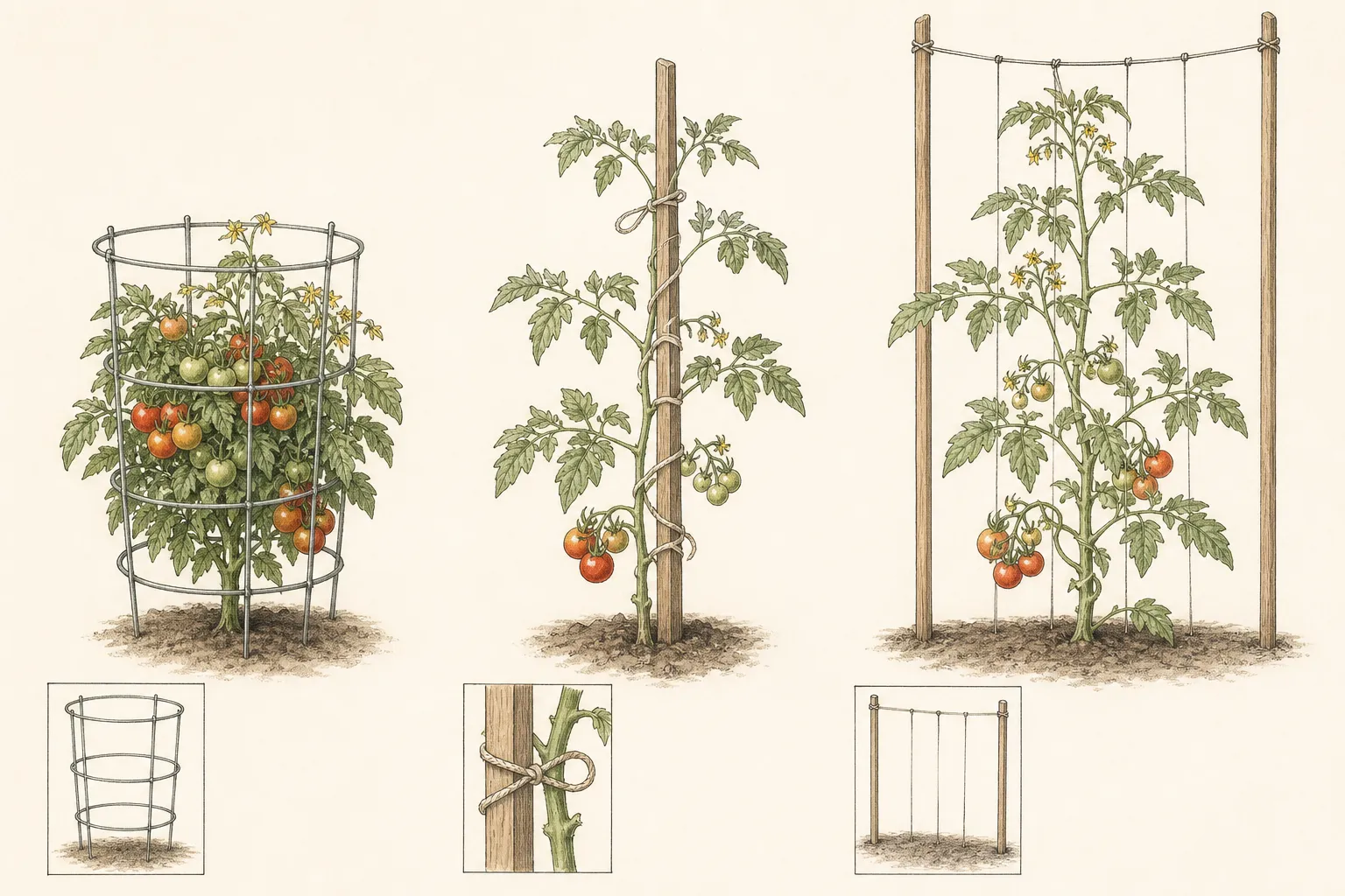 Three tomato plants demonstrate a sturdy cage, a single-stake system, and a vertical trellis