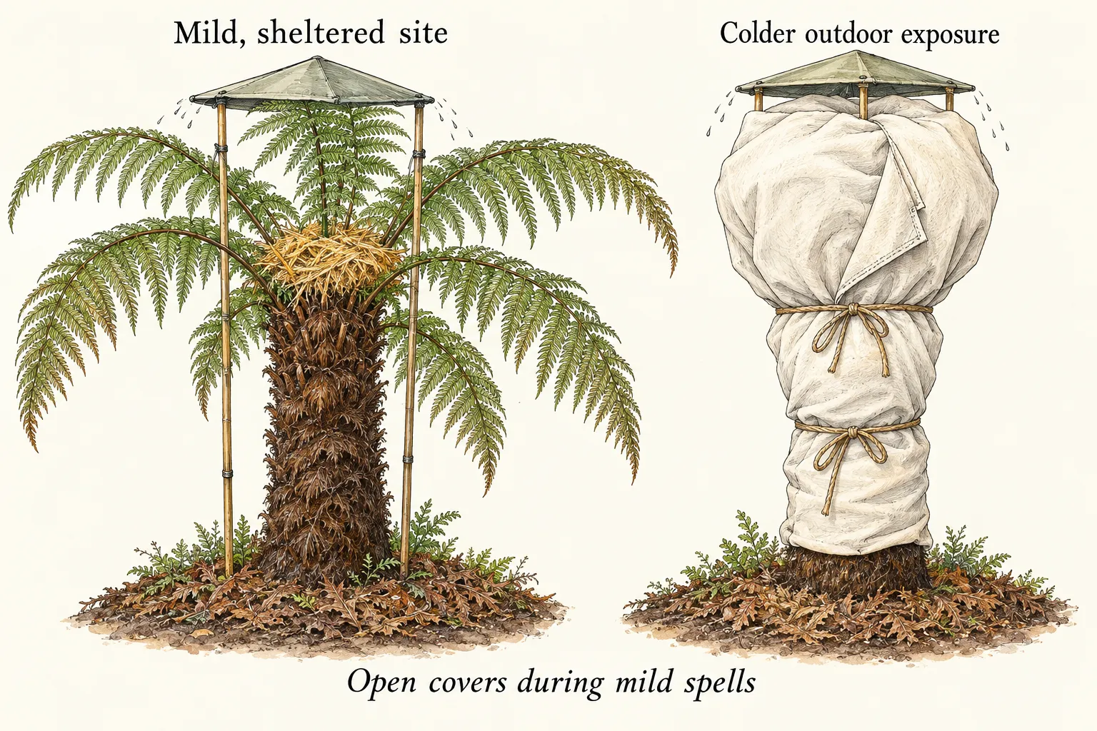 Two tree ferns compare crown straw beneath an open-sided rain cap with full fleece wrapping for colder outdoor exposure