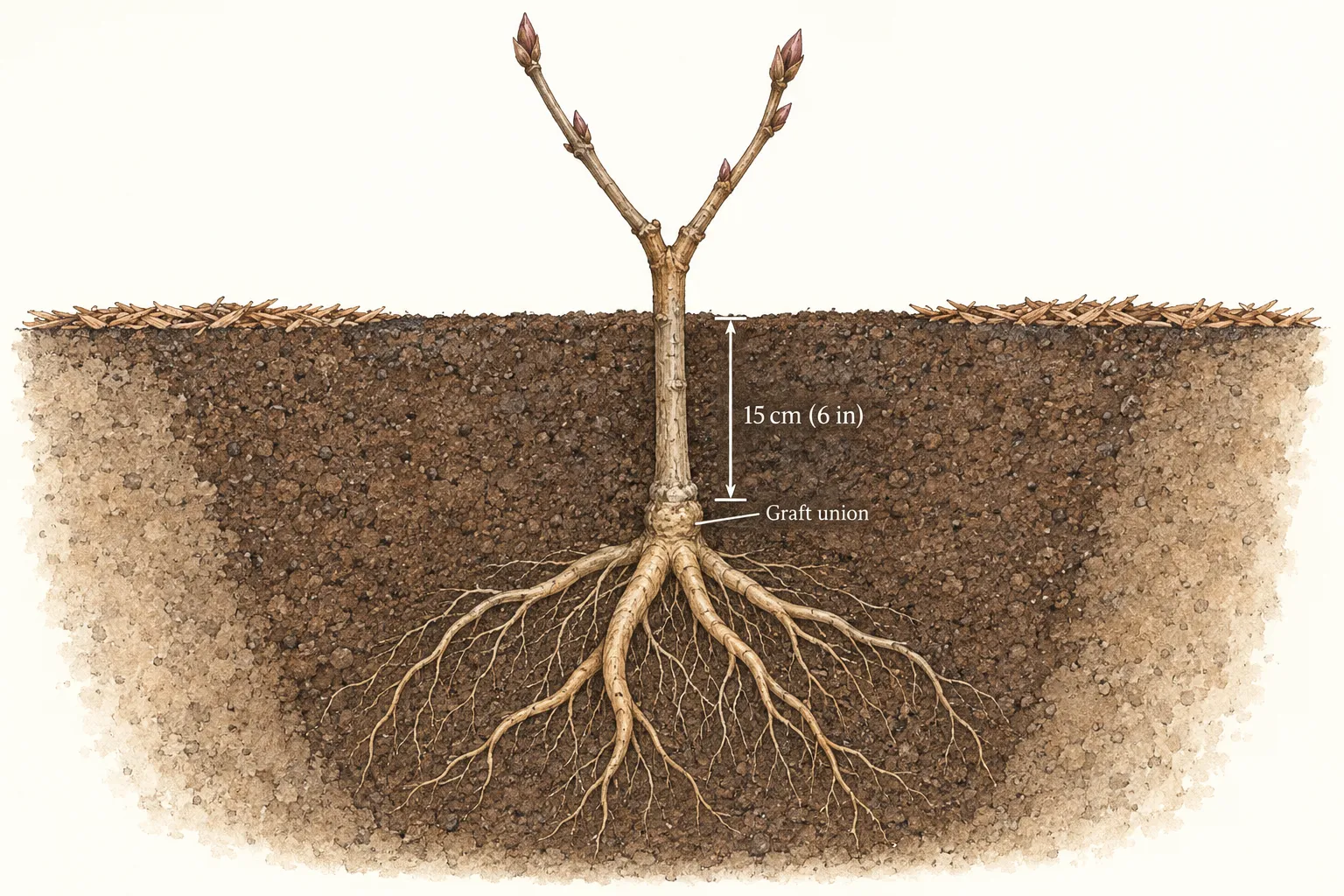 Tree peony planting section showing the graft union about 15cm or 6in below the finished soil and roots below the junction