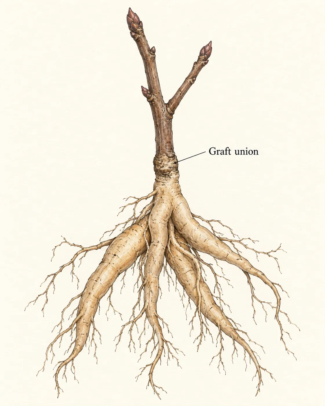Dormant bare-root tree peony with woody branches above a labelled healed graft union and fleshy nurse roots below
