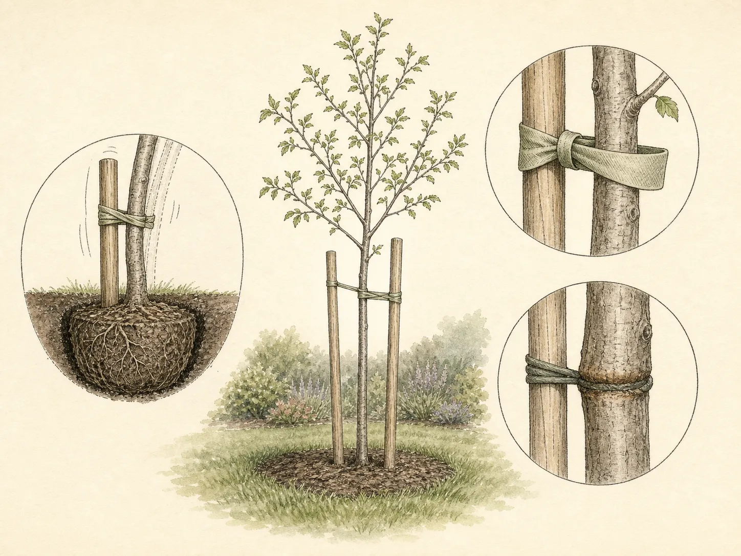 Diagnostic plate comparing a low flexible tree tie, a tight girdling tie, bark abrasion, and a stable unsupported trunk