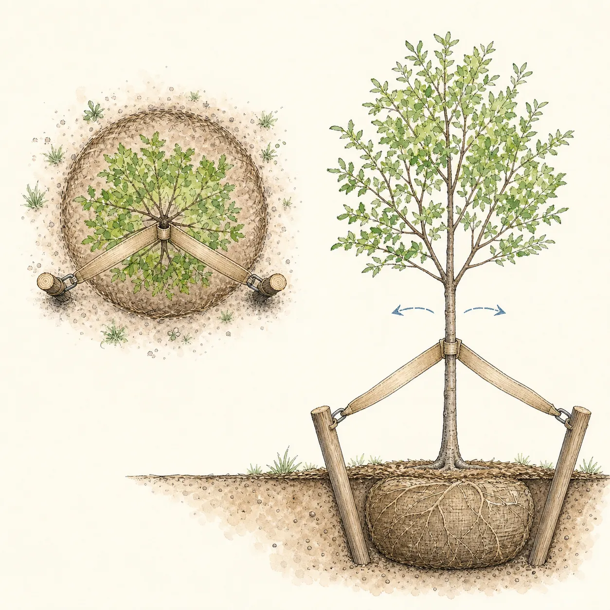 Overhead plan showing a young tree root ball, prevailing wind, low ties and stakes positioned outside structural roots