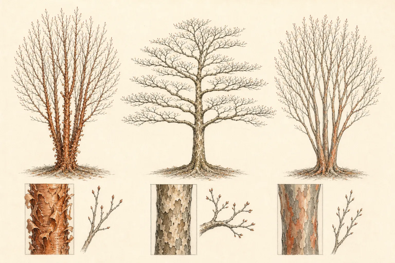 Leafless paperbark maple, kousa dogwood, and Japanese stewartia silhouettes with close bark studies