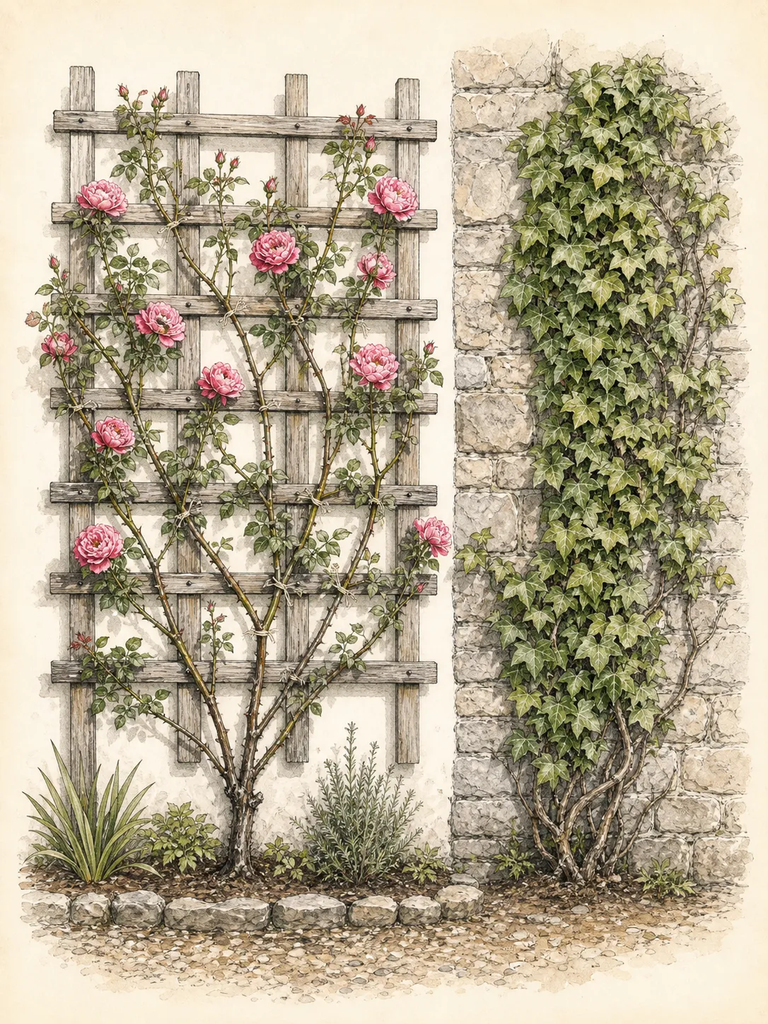 Climbing rose loosely tied to a broad trellis beside a self-clinging vine attached directly to masonry