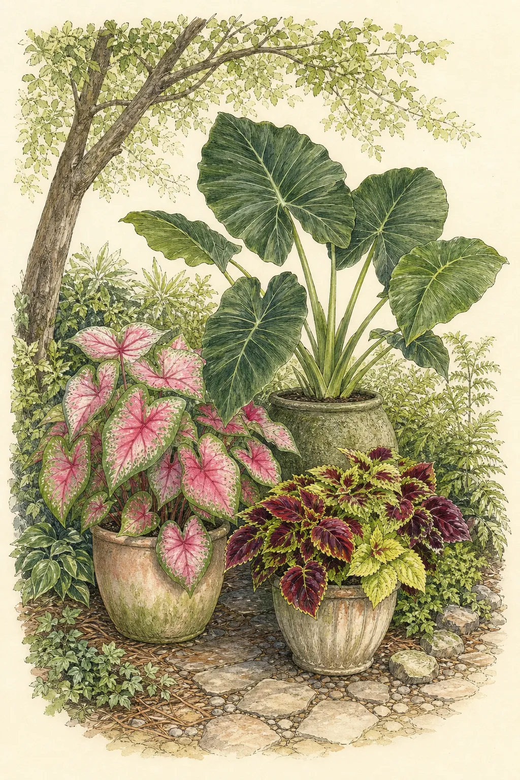 Caladium, coleus and elephant-ear containers grouped in sheltered bright shade beneath a high canopy