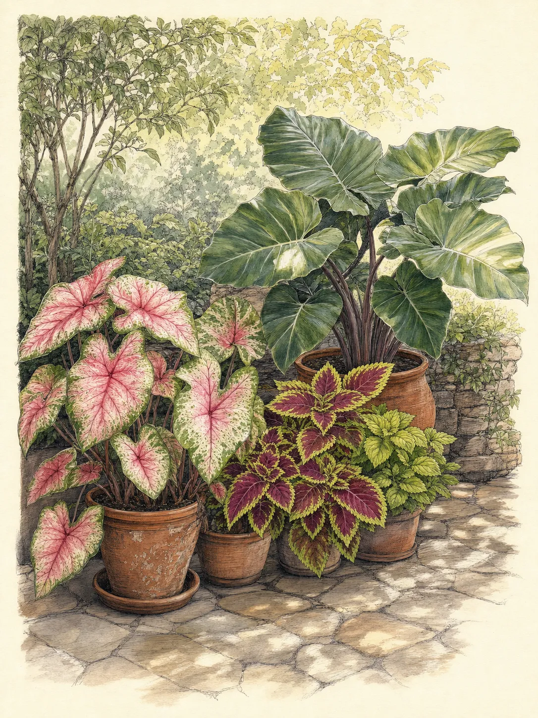 Tropical foliage containers grouped on a patio in brighter dappled morning light