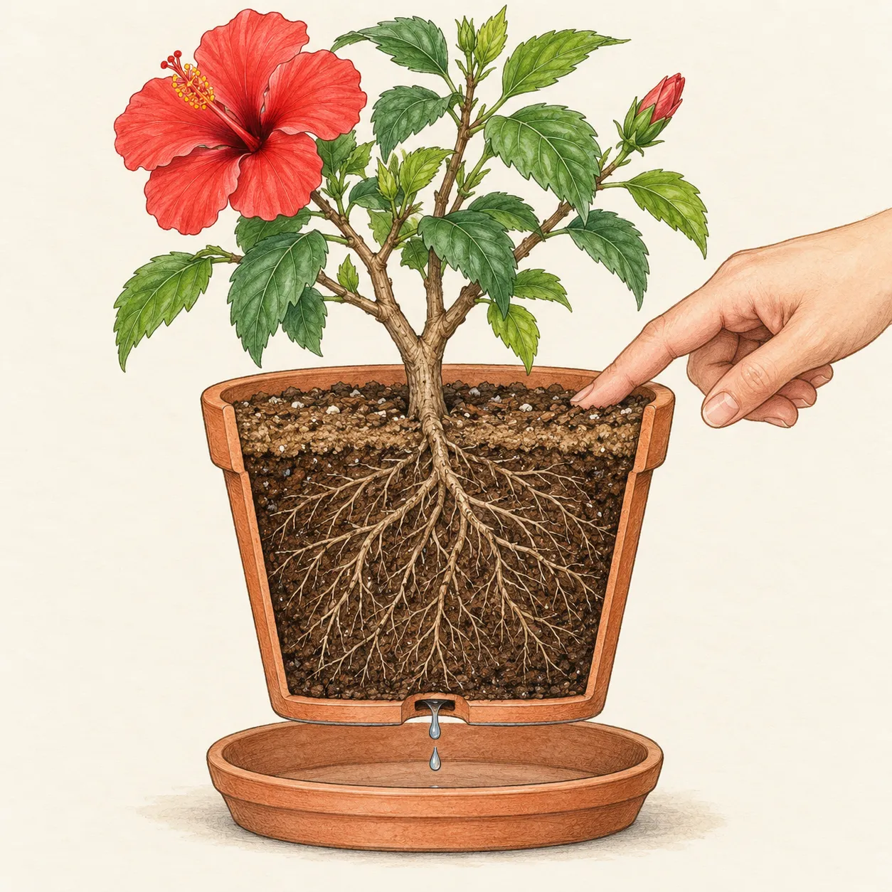 Cutaway hibiscus pot with a finger testing the surface mix, fine roots below and water leaving a drainage hole into an empty saucer