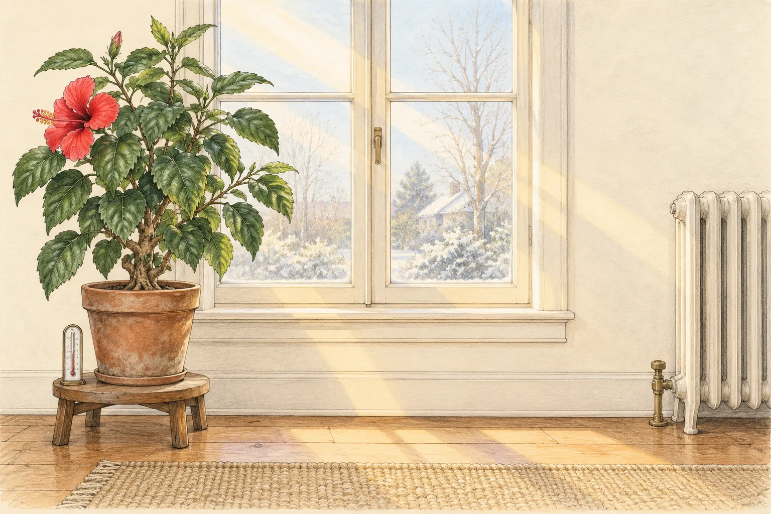 Potted tropical hibiscus on a stand before a closed window with a thermometer and a distant radiator