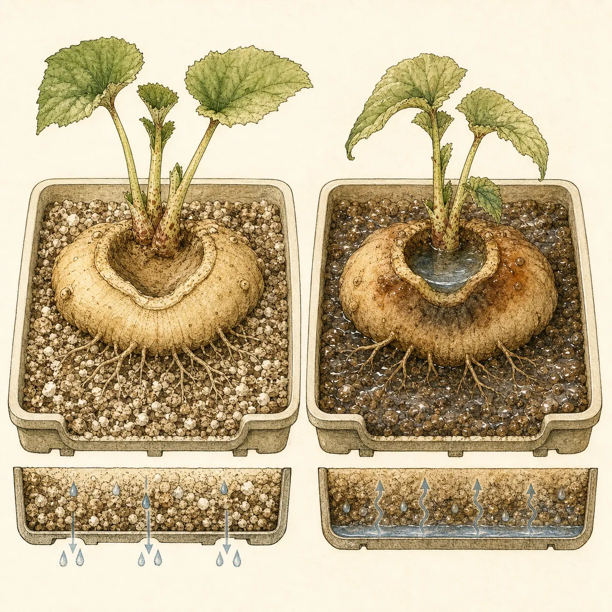 Comparison of a healthy lightly moist begonia tuber and a waterlogged tuber developing soft dark rot