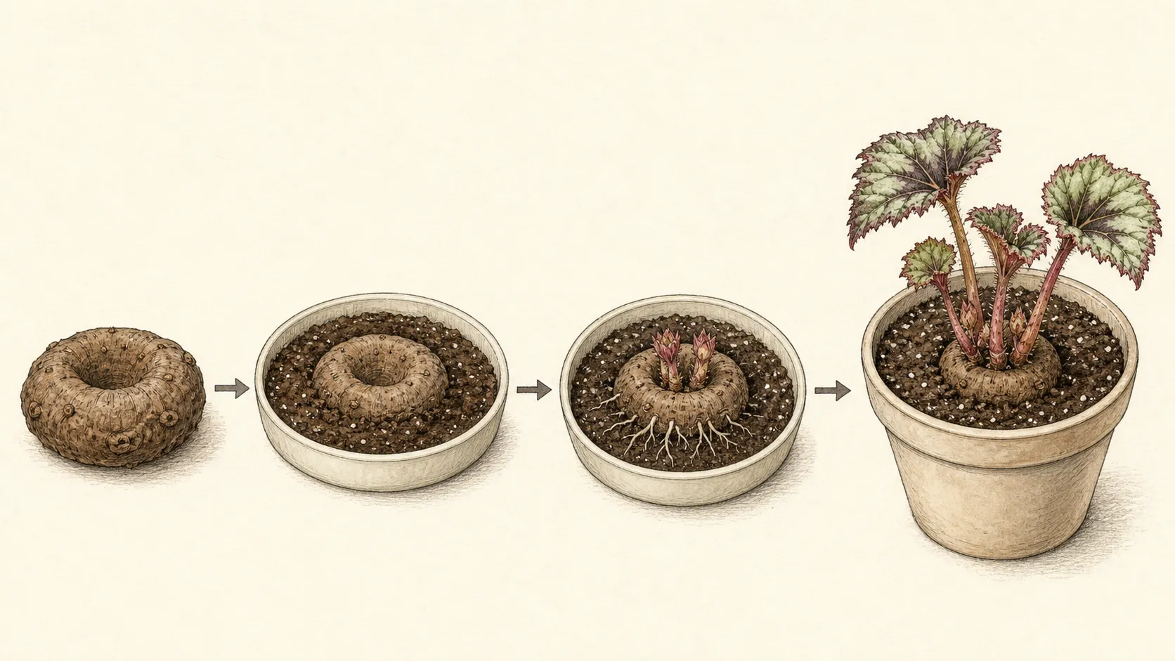 Four-stage botanical sequence showing a tuberous begonia set concave side up, lightly covered, sprouting and moved into a pot