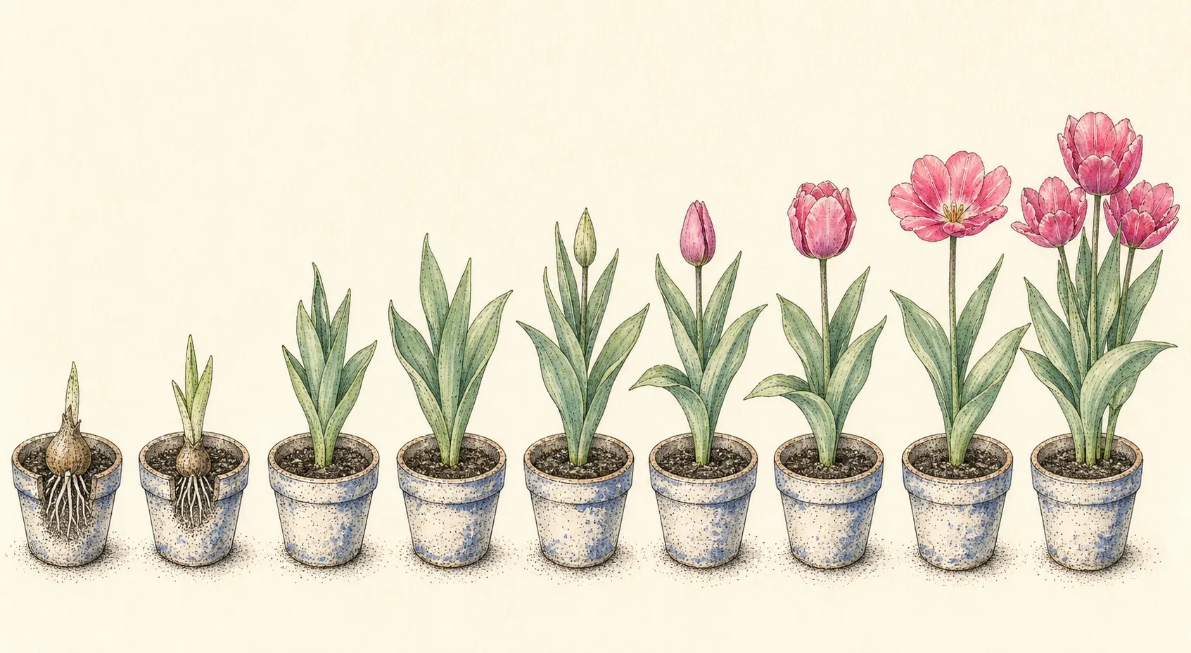 Potted tulips progressing from cool rooted shoots through compact leaf growth, colored buds, and open flowers