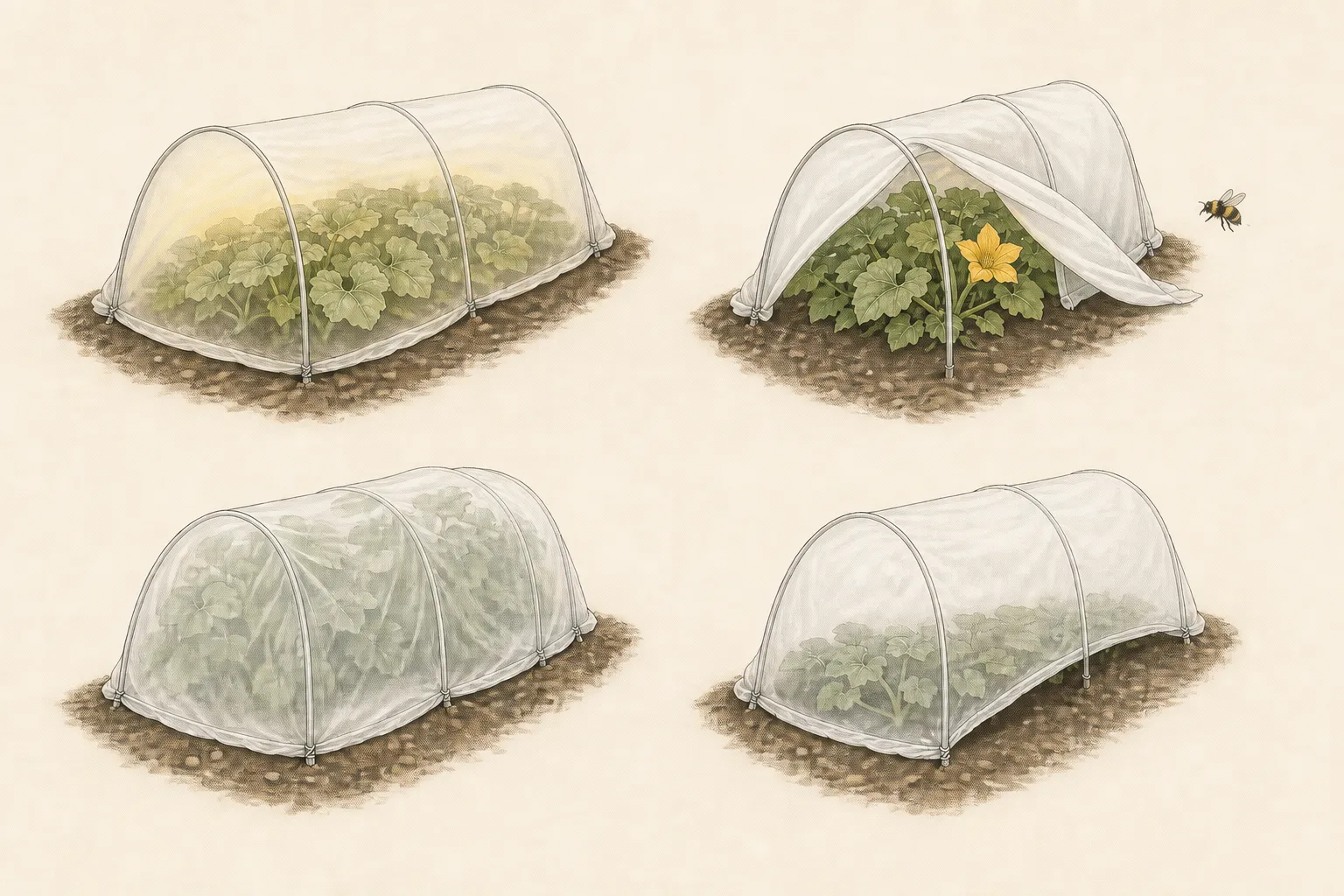 Four row-cover states show sealed protection, a vented edge, a bee beside an open flowering cucurbit bed, and fabric lifted from a taller canopy