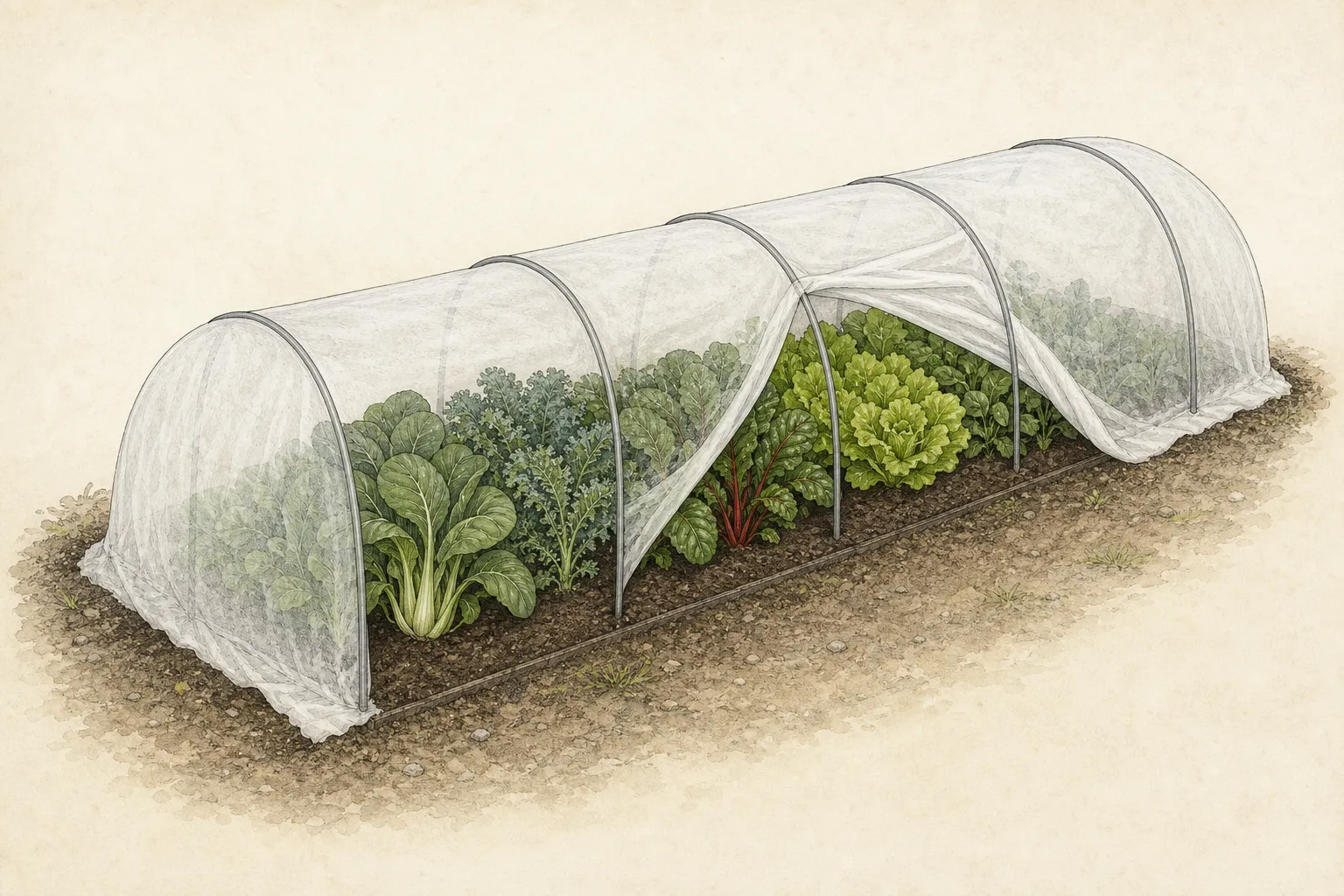 Supported white row cover over a vegetable bed with one service side lifted and the remaining edges anchored at soil level