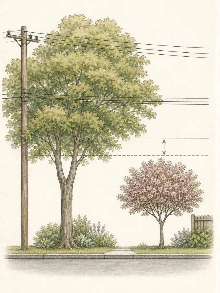 Site section shows a small tree at full height and spread within a locally defined low utility zone, with poles, wires, pavement, and root space visible